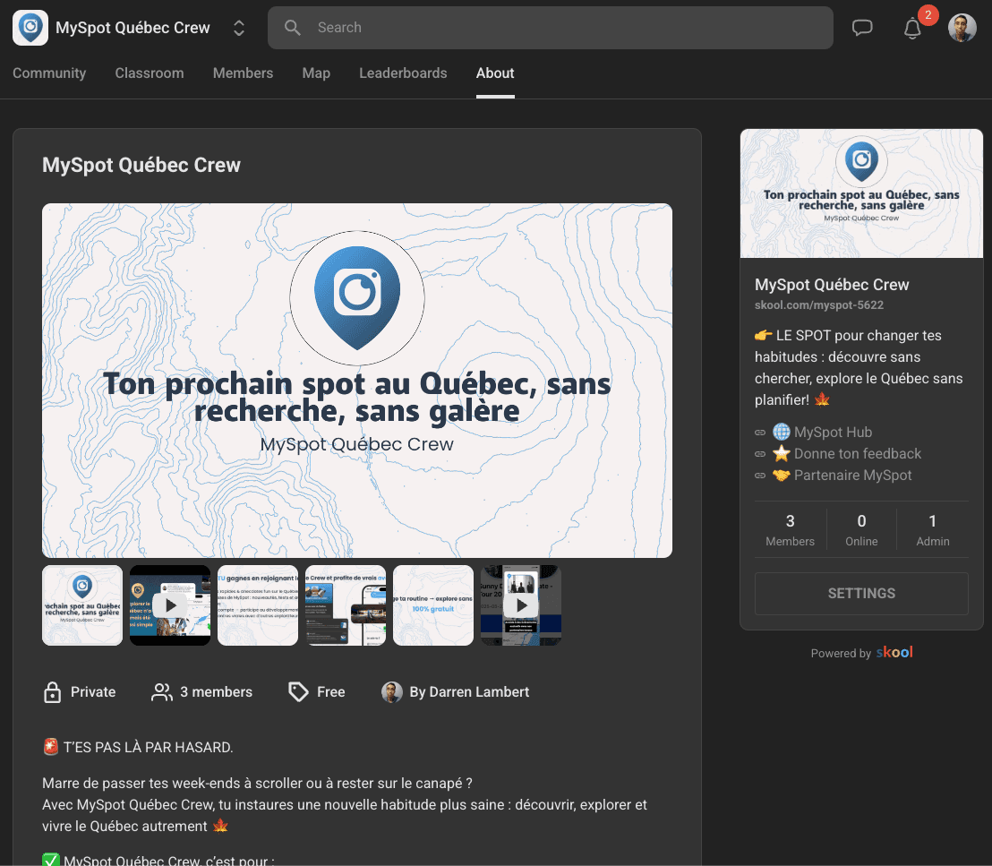 Interface de la communauté Skool MySpot